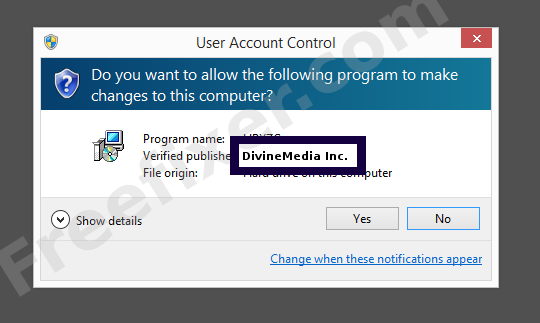Screenshot where DivineMedia Inc. appears as the verified publisher in the UAC dialog